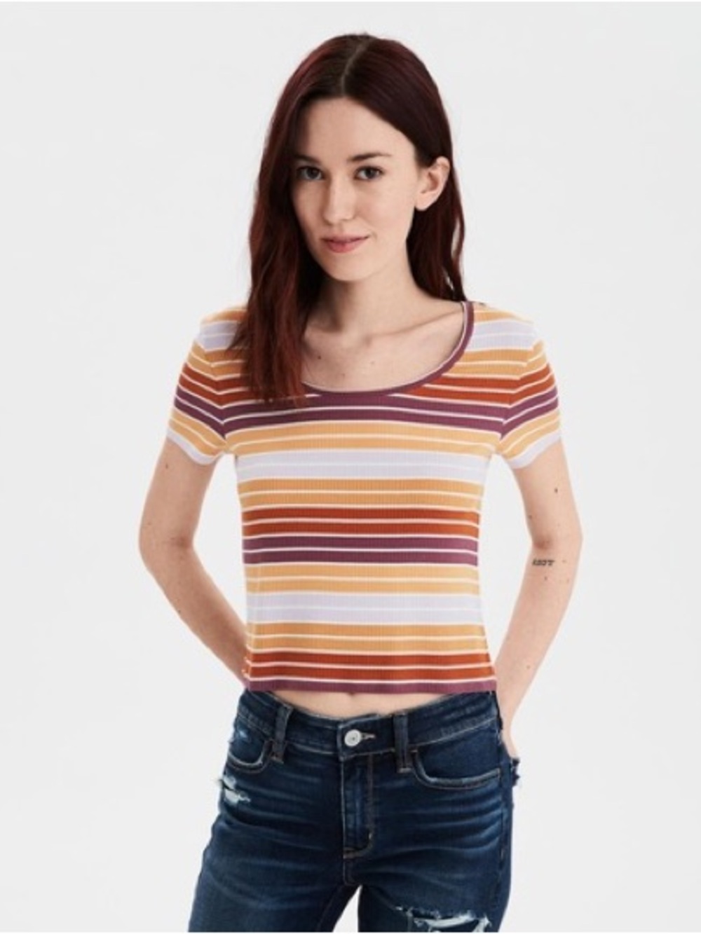Striped Ribbed Scoop Neck Baby Tee- Multicolor